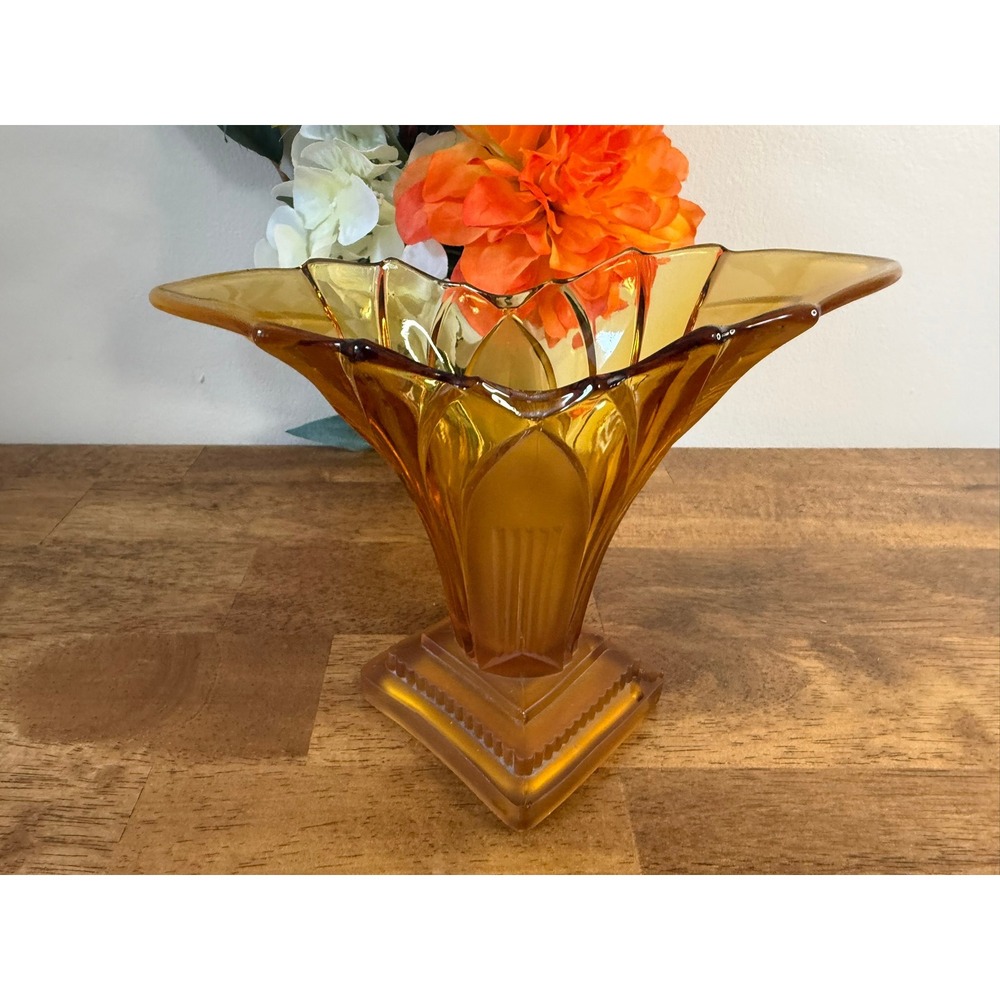 Walther & Sons Greta Amber Glass Art Deco Fan Vase Frosted 1930s German Vintage